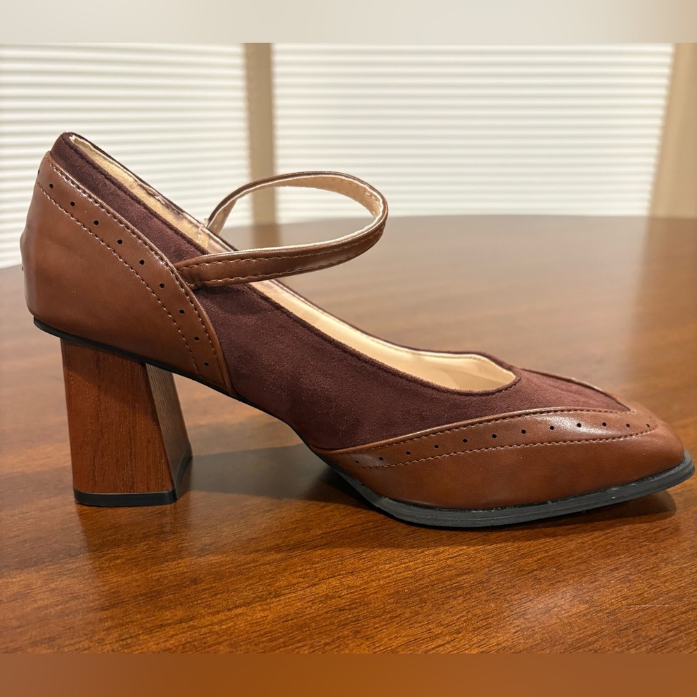 VINTAGE Brown Leather Suede Two-Tone Mary Jane Square-Toe Chunky Mid-Heel Shoes - Picture 9 of 11